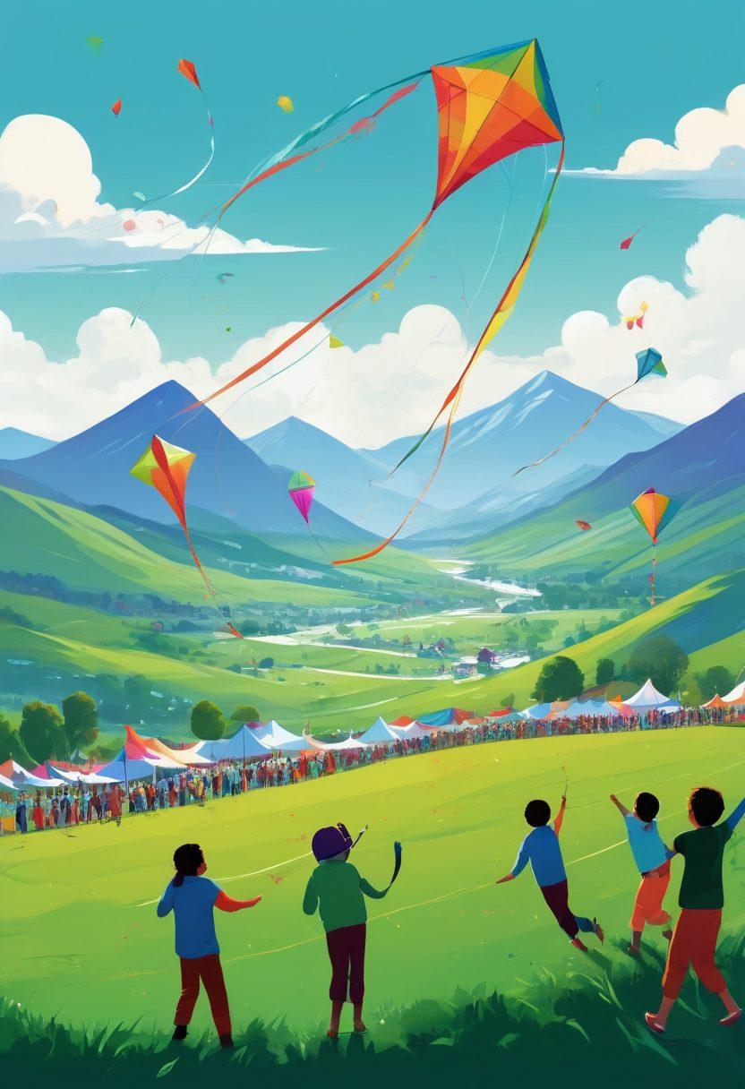A vibrant kite festival scene with kites of various shapes and colors soaring high in a clear blue sky, surrounded by excited children and adults holding the strings. Incorporate a backdrop of lush green fields and distant mountains, with a festive atmosphere enriched by banners and joyful spectators. Add dynamic motion lines to emphasize the thrill of kite flying. colorful illustration. bright colors. energetic atmosphere.