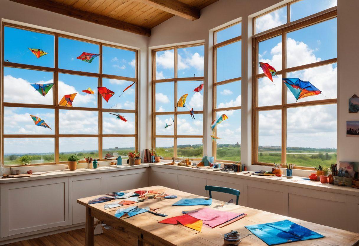 A vibrant workshop scene showcasing diverse kite designs in various stages of creation, with colorful materials scattered across a wooden table. Include an enthusiastic artisan, mid-action, expertly crafting a kite, surrounded by bright blue skies and clouds to symbolize flight. Integrate illustrations of different kite shapes and patterns on the walls, and natural light streaming through window panes, adding warmth to the environment. super-realistic. vibrant colors. white background.